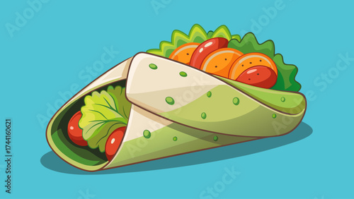 A wrap with lettuce, tomatoes, and other vegetables. The wrap is on a blue background. The wrap is colorful and appetizing