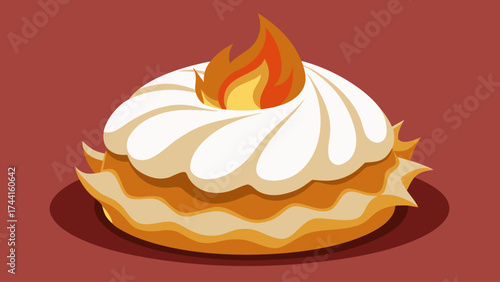 A cake with a flame on top of it. The cake is white and yellow