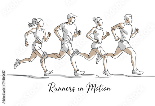 Dynamic sketch of four diverse runners in full stride capturing the energy of a race