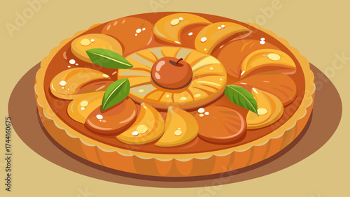 A pie with a pineapple on top and a green leaf. The pie is orange and has a lot of fruit on it