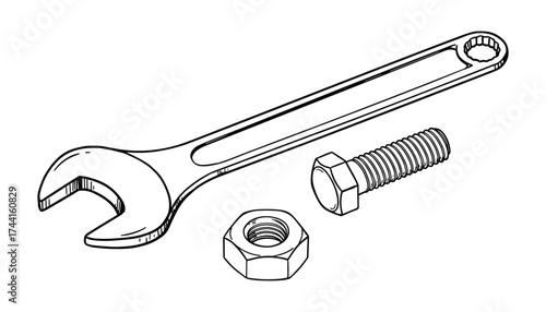 Wrench with Bolt and Nut Line Art