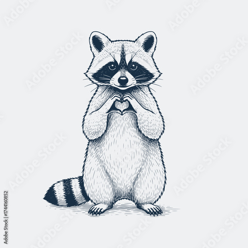 A charming raccoon Showing Heart sign by hands, standing upright, Valentines Day Vintage T-shirt Graphic