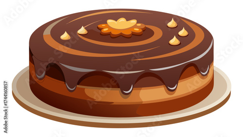 A chocolate cake with a swirl of frosting and a flower on top. The cake is sitting on a white plate