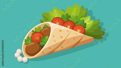 A wrap filled with meat and vegetables. The wrap is on a blue background