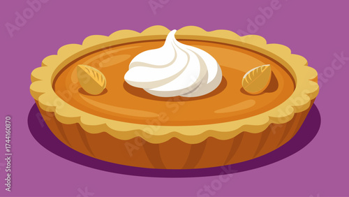 A slice of pumpkin pie with whipped cream on top. The pie is served in a round pan and is placed on a purple background