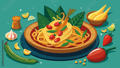 A bowl of pasta with a variety of vegetables and spices. The bowl is on a blue background