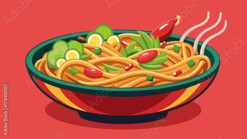 A bowl of noodles with vegetables and meat. The bowl is red and green. The noodles are long and the vegetables are scattered throughout the bowl