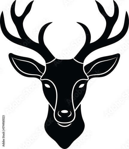 Deer animal vector silhouette illustration of a wild stag head with antlers, isolated for nature and Christmas design
