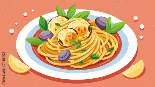 A plate of pasta with a lemon slice on the side. The pasta is covered in sauce and has a variety of toppings, including meatballs and vegetables. The lemon slice adds a pop of color