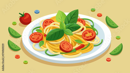 A plate of pasta with tomatoes and basil on top. The plate is white and the food is colorful