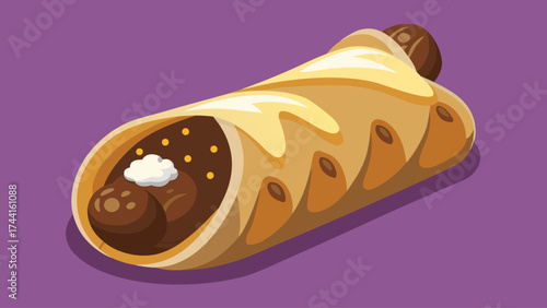 A hot dog wrapped in a tortilla with cheese and meatballs. The hot dog is sitting on a purple background