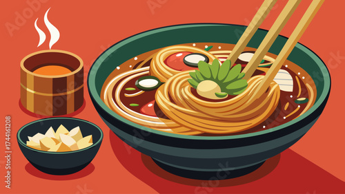 A bowl of noodles with a green garnish and chopsticks.