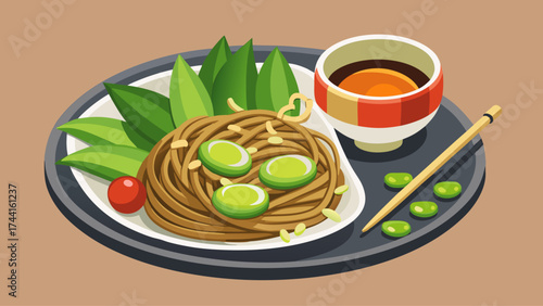 A plate of noodles with green beans and a bowl of sauce. The plate is on a table