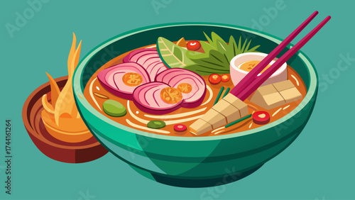 A bowl of soup with noodles and meat in it. The bowl is green and the soup is pink. There are chopsticks on the table next to the bowl