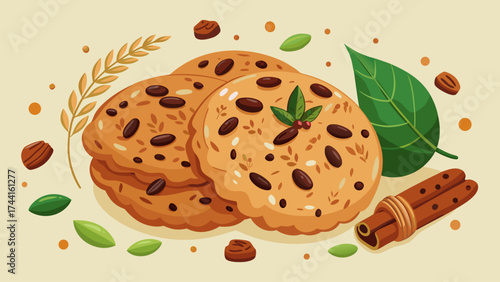A close up of a plate of cookies with a leaf on it. The cookies are brown and have nuts on them