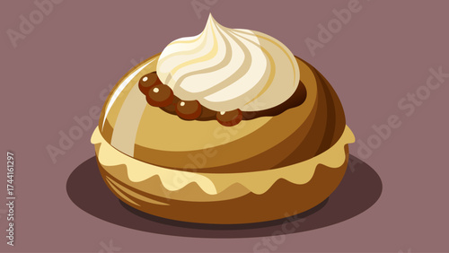 A pastry with a cream topping sits on a purple background. The pastry is round and has a brown crust