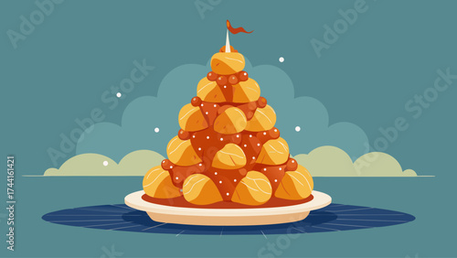A plate of food with a large tower of food on top of it. The tower is made of small food items and is surrounded by clouds
