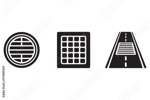 Storm drain or highway drain icon icon set. Vector Black silhouettes. with white background