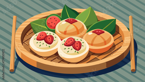 A plate of food with a variety of different foods including a strawberry. The plate is on a wooden table
