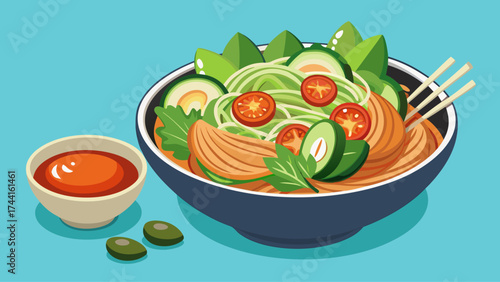A bowl of noodles with vegetables and a dipping sauce. The bowl is on a blue background. The vegetables include cucumbers, tomatoes, and olives