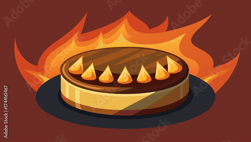 A cake with candles on top of it is surrounded by flames. The cake is brown and has a lot of candles on it