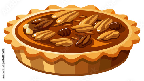 A pie with nuts on top of it. The pie is brown and has a golden crust. The nuts are scattered all over the pie, giving it a rustic and hearty appearance
