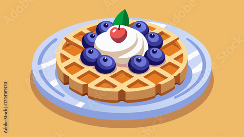 A blueberry waffle with whipped cream and a cherry on top. The waffle is on a white plate