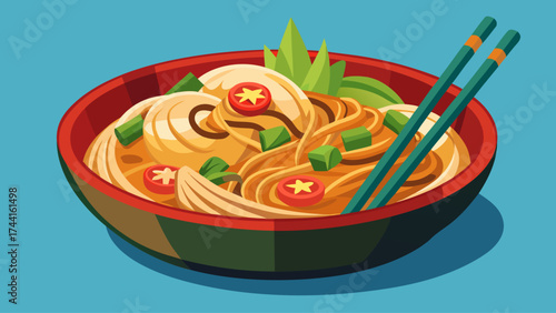 A bowl of noodles with green vegetables and red sauce. The bowl is red and green and has chopsticks on top