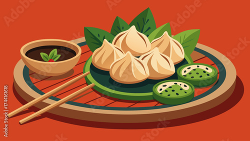 A plate of food with a sauce and chopsticks on a red background. The food is dumplings and the sauce is soy sauce