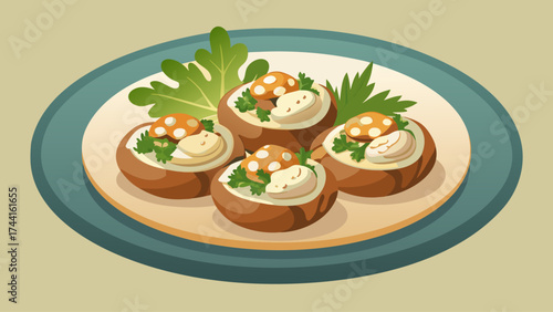 A plate of food with mushrooms and other vegetables. The mushrooms are arranged in a way that they look like they are smiling