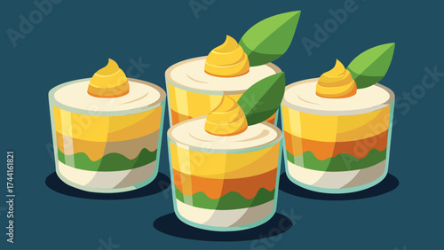 A group of four desserts with a green leaf on top. The desserts are in clear glass cups and are arranged in a row