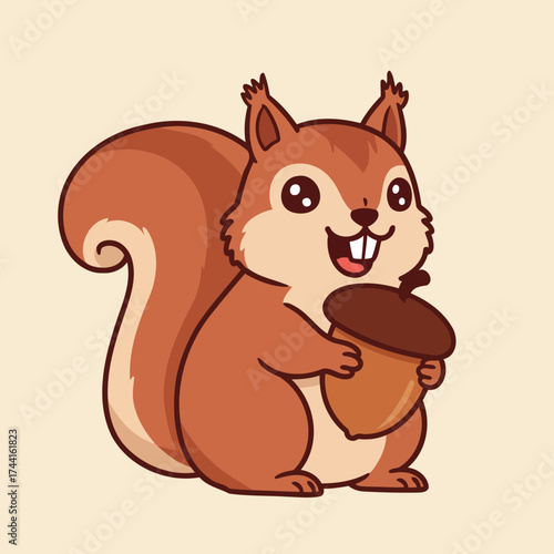 Cute Happy Cartoon Squirrel Holding an Acorn Vector Illustration