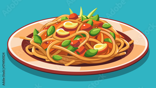 A plate of spaghetti with vegetables and meat. The plate is on a blue background. The plate is full and colorful