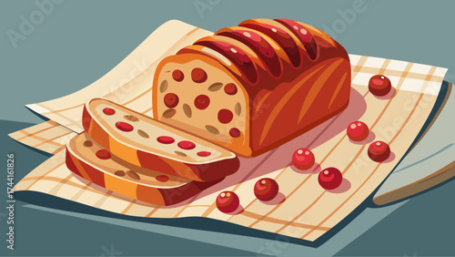 A slice of bread with cranberries on top of a table. The bread is cut in half and the cranberries are scattered around the bread