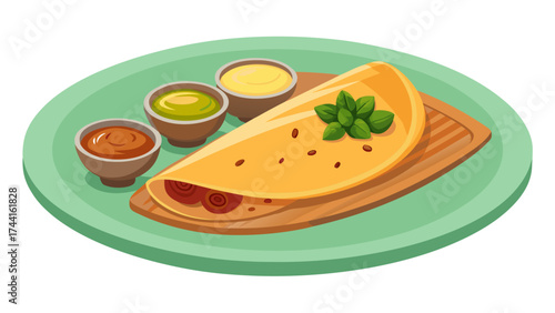 A plate of food with a burrito on it. The plate is on a wooden board. There are three bowls on the board, one of which is filled with sauce