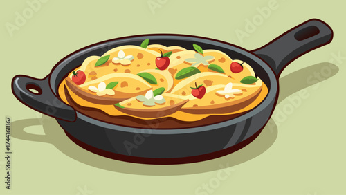 A black pan filled with a delicious meal, including a piece of meat and a cherry. The pan is placed on a green background, giving the image a warm and inviting feel