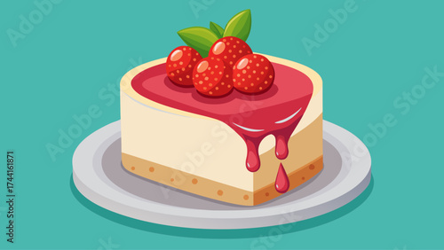 A slice of strawberry cheesecake with a drizzle of strawberry sauce on top. The plate is white and the background is blue