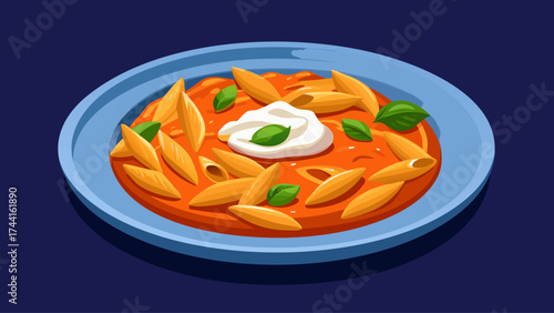 A plate of pasta with a white sauce and green basil. The pasta is cooked and the sauce is creamy