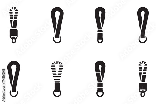 webbing lanyard strap icon set. Vector Black silhouettes. with white background