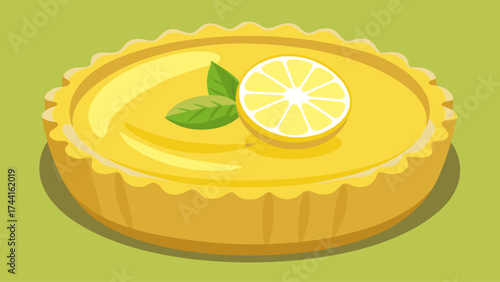 A yellow lemon tart with a slice of lemon on top. The tart is served on a green background