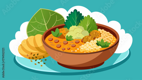 A bowl of food with a leaf on top. The bowl is brown and the food is colorful