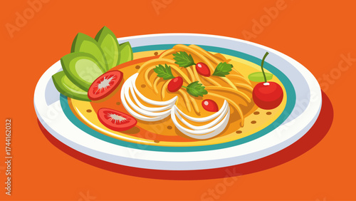 A plate of noodles with cherry tomatoes and green leaves. The plate is on a red background. The plate is full of food and looks delicious