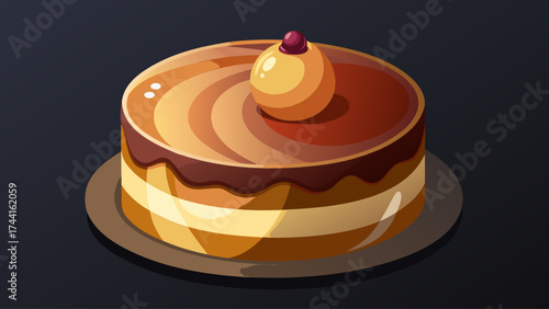 A cake with a cherry on top. The cake is brown and yellow. It is on a plate