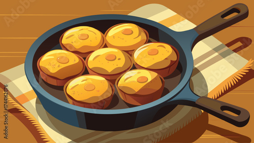 A pan of muffins sits on a table. The muffins are yellow and have a hole in the middle