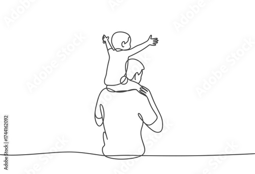 A heartwarming minimalist line drawing captures a father giving his child a joyful piggyback ride on his shoulders