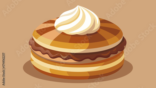 A chocolate covered pastry with whipped cream on top. The pastry is brown and has a chocolate glaze