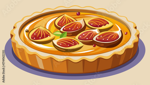 A delicious looking pie with a variety of fruits on top. The pie is a golden yellow color and has a generous amount of fruit, including apples, oranges, and bananas