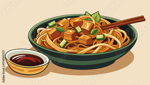 A bowl of noodles with meat and vegetables and a dipping sauce. The bowl is green and the sauce is brown