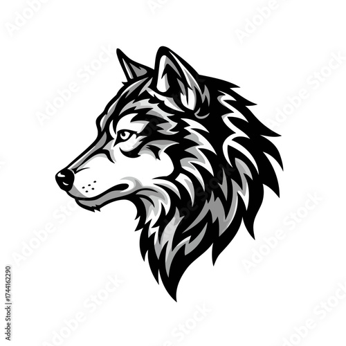 Fierce Stylized Wolf Head Profile Vector Illustration in Bold Grayscale