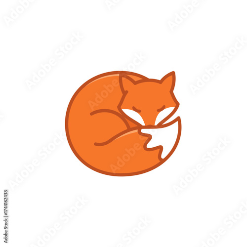 Minimalist Sleeping Fox Vector Illustration in Warm Orange and White Tones, Curled Up